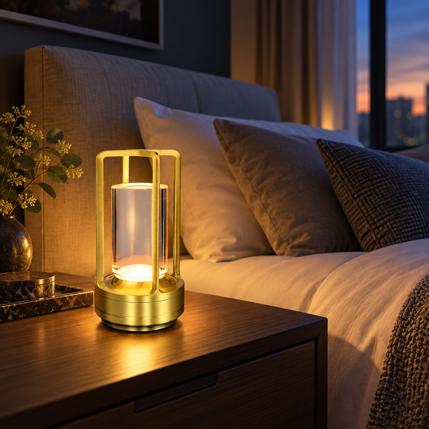 Lantern Rechargeable Table Lamp with 3-Colour Changing LED Light, Gold Metal Bedside Night Lamp for Bedroom, Living Room, Restaurant, Bar & Home Décor